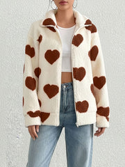 Plush Heart Print Loose Long Sleeve Zipper Jacket