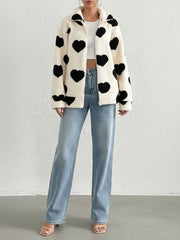 Plush Heart Print Loose Long Sleeve Zipper Jacket