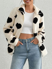 Plush Heart Print Loose Long Sleeve Zipper Jacket