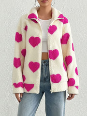 Plush Heart Print Loose Long Sleeve Zipper Jacket
