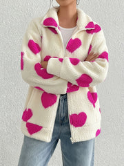 Plush Heart Print Loose Long Sleeve Zipper Jacket