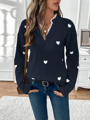 Notch Neck Lace Patchwork Heart Pullover Sweater