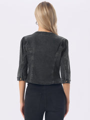 Denim Collarless Pockets 3/4 Sleeve Feminine Style Jacket