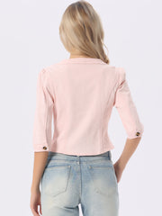 Denim Collarless Pockets 3/4 Sleeve Feminine Style Jacket