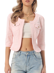 Denim Collarless Pockets 3/4 Sleeve Feminine Style Jacket