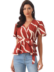 Printed V Neck Elastic Waist Belt Ruffle Peplum Blouse