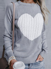 Round Neck Pullover Heart Pattern Knitted Sweater