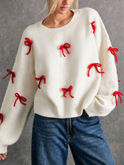 Red Bow Decor Loose Fit Crewneck Pullover Sweater