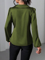Puff Long Sleeve Satin Tie Waist Wrap Blouse