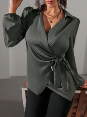 Puff Long Sleeve Satin Tie Waist Wrap Blouse