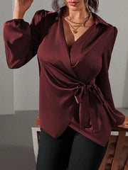 Puff Long Sleeve Satin Tie Waist Wrap Blouse