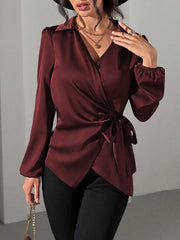 Puff Long Sleeve Satin Tie Waist Wrap Blouse