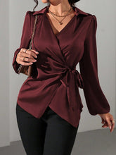 Puff Long Sleeve Satin Tie Waist Wrap Blouse