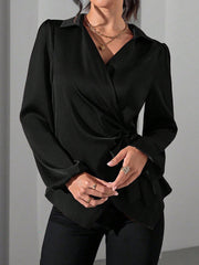 Puff Long Sleeve Satin Tie Waist Wrap Blouse