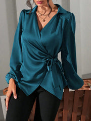 Puff Long Sleeve Satin Tie Waist Wrap Blouse
