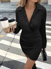 Satin Ruched Solid Color Long Sleeve Mini Dress