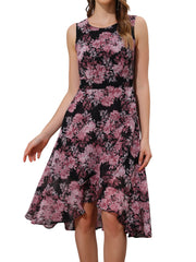 Wrap Ruffle High Low Hem Round Neck Sleeveless Floral Dress