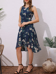 Wrap Ruffle High Low Hem Round Neck Sleeveless Floral Dress