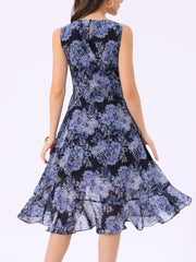 Wrap Ruffle High Low Hem Round Neck Sleeveless Floral Dress