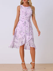 Wrap Ruffle High Low Hem Round Neck Sleeveless Floral Dress