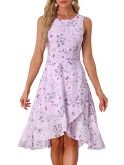 Wrap Ruffle High Low Hem Round Neck Sleeveless Floral Dress