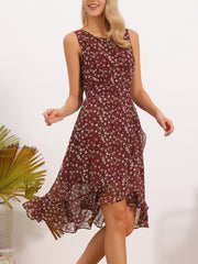 Wrap Ruffle High Low Hem Round Neck Sleeveless Floral Dress