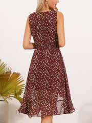 Wrap Ruffle High Low Hem Round Neck Sleeveless Floral Dress