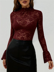 Paisley Lace Mock Neck Flared Sleeve See Through Blouse
