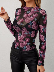 Floral Print Mock Neck Mesh Sheer Long Sleeves Blouse