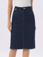 Casual High Waist Back Slit Stretch Denim Midi Jean Skirt