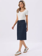 Casual High Waist Back Slit Stretch Denim Midi Jean Skirt