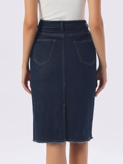 Casual High Waist Back Slit Stretch Denim Midi Jean Skirt