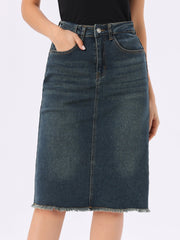 Casual High Waist Back Slit Stretch Denim Midi Jean Skirt