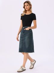 Casual High Waist Back Slit Stretch Denim Midi Jean Skirt
