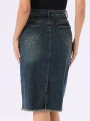 Casual High Waist Back Slit Stretch Denim Midi Jean Skirt