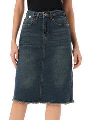 Casual High Waist Back Slit Stretch Denim Midi Jean Skirt