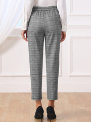 Vintage Tartan Plaid Pants Elastic Waist Straight Long Trousers