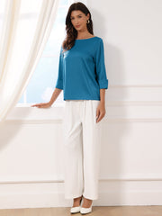 Dressy Casual Boat Neck 3/4 Sleeve Work Satin Blouse