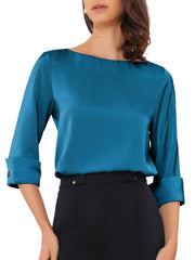Dressy Casual Boat Neck 3/4 Sleeve Work Satin Blouse