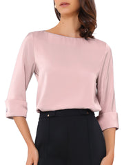 Dressy Casual Boat Neck 3/4 Sleeve Work Satin Blouse