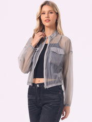 Sheer Zip Up Long Sleeve See Through Bomber Jacket
