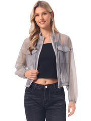 Sheer Zip Up Long Sleeve See Through Bomber Jacket