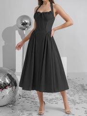 Halter Lace-Up Ruched Sleeveless Midi A-Line Dress