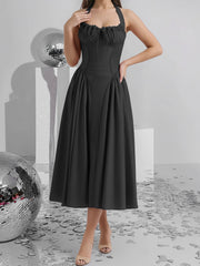 Halter Lace-Up Ruched Sleeveless Midi A-Line Dress