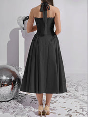 Halter Lace-Up Ruched Sleeveless Midi A-Line Dress