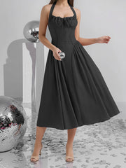 Halter Lace-Up Ruched Sleeveless Midi A-Line Dress