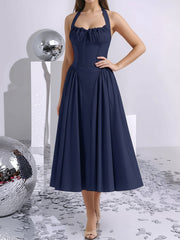 Halter Lace-Up Ruched Sleeveless Midi A-Line Dress