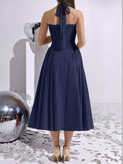 Halter Lace-Up Ruched Sleeveless Midi A-Line Dress