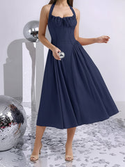 Halter Lace-Up Ruched Sleeveless Midi A-Line Dress