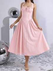 Halter Lace-Up Ruched Sleeveless Midi A-Line Dress